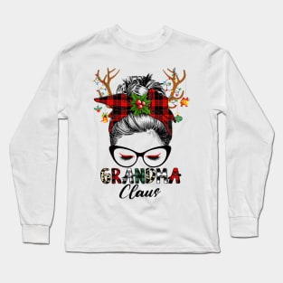 Grandma Claus Reindeer Messy Bun Wink Eye Christmas Family Matching Long Sleeve T-Shirt